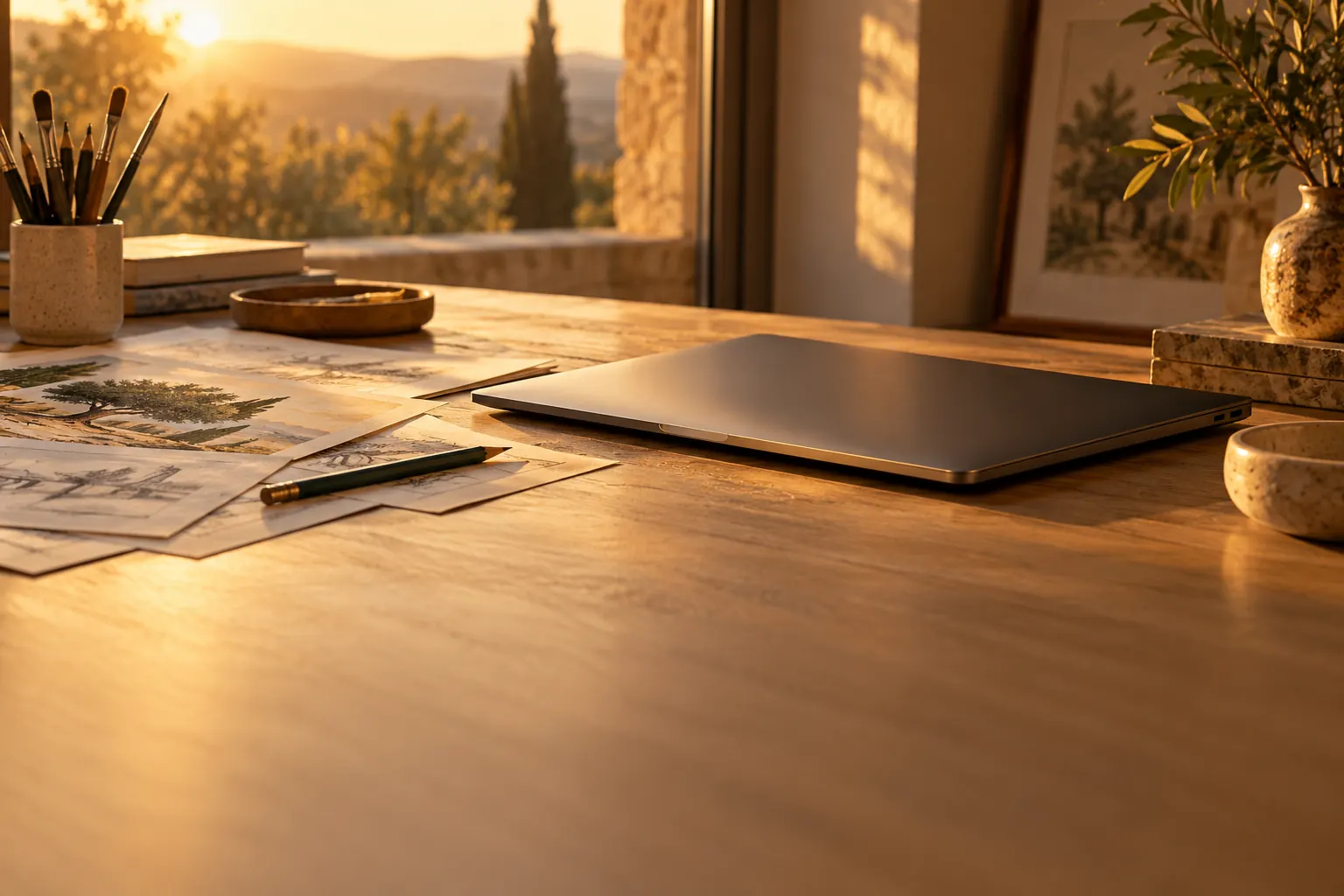 Ordinateur portable fermé sur un bureau d'atelier créatif, dans la lumière dorée de fin de journée